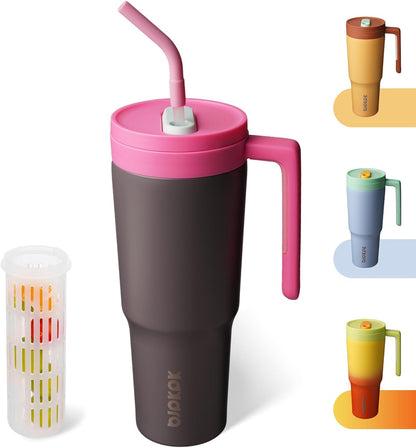 40 oz Tumbler with Handle, Straw & Lid, Insulated Stainless Steel | Travel, Double Wall Vacuum, Keeps Hot/Cold, Spill Proof, Fruit Infuser, BPA Free, Camping, Light Pink