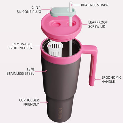 40 oz Tumbler with Handle, Straw & Lid, Insulated Stainless Steel | Travel, Double Wall Vacuum, Keeps Hot/Cold, Spill Proof, Fruit Infuser, BPA Free, Camping, Light Pink