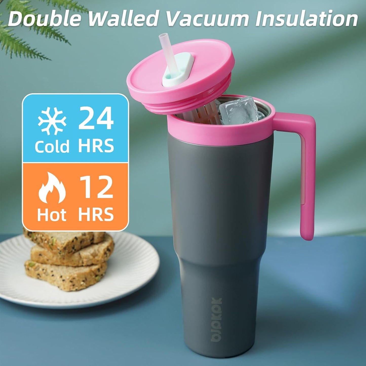 40 oz Tumbler with Handle, Straw & Lid, Insulated Stainless Steel | Travel, Double Wall Vacuum, Keeps Hot/Cold, Spill Proof, Fruit Infuser, BPA Free, Camping, Light Pink