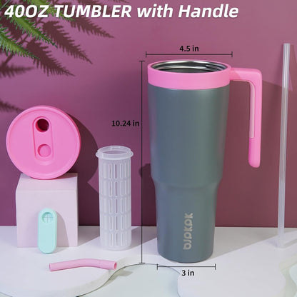 40 oz Tumbler with Handle, Straw & Lid, Insulated Stainless Steel | Travel, Double Wall Vacuum, Keeps Hot/Cold, Spill Proof, Fruit Infuser, BPA Free, Camping, Light Pink