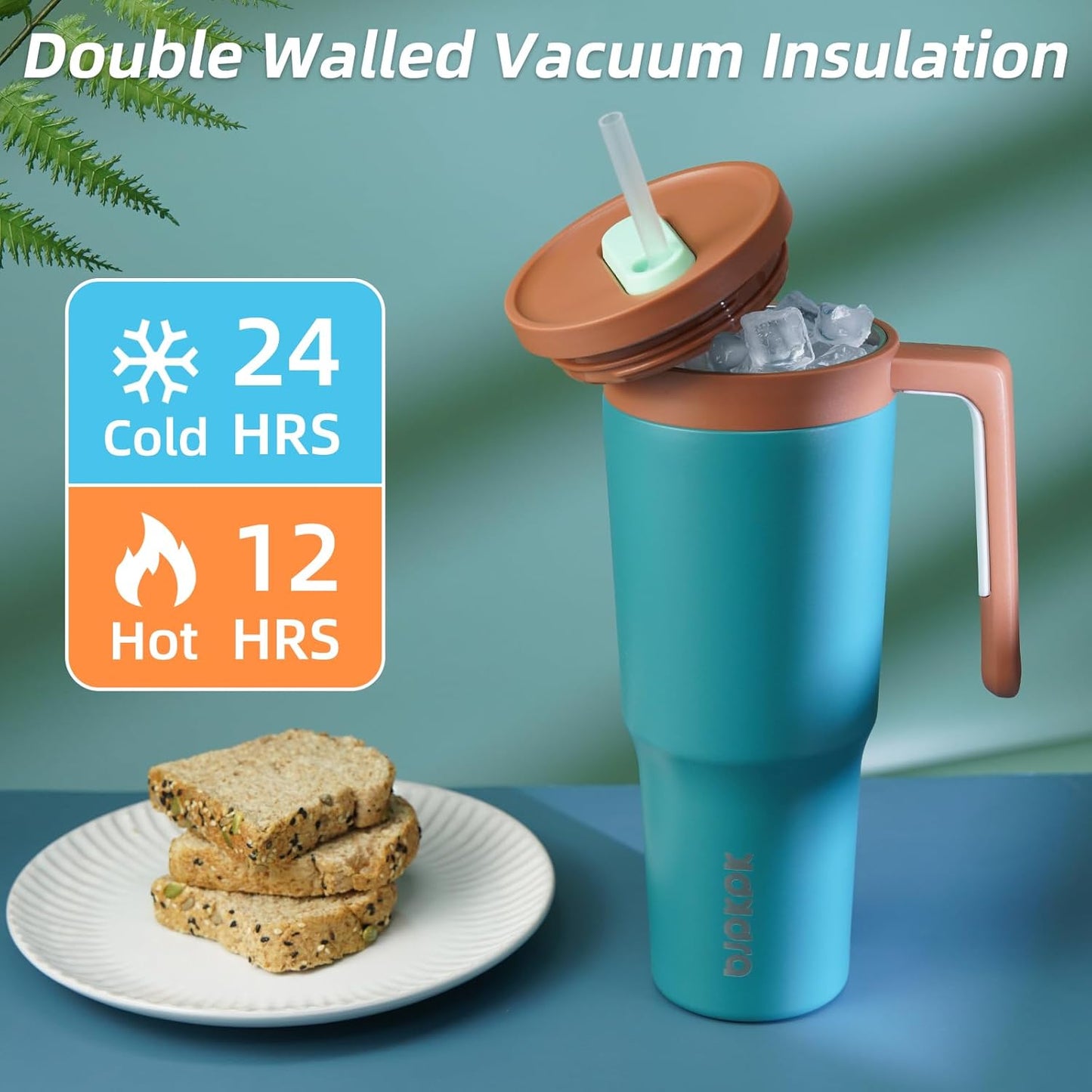 40 oz Tumbler with Handle, Straw & Lid, Insulated Stainless Steel | Travel, Double Wall Vacuum, Keeps Hot/Cold, Spill Proof, Fruit Infuser, BPA Free, Camping, Light Pink