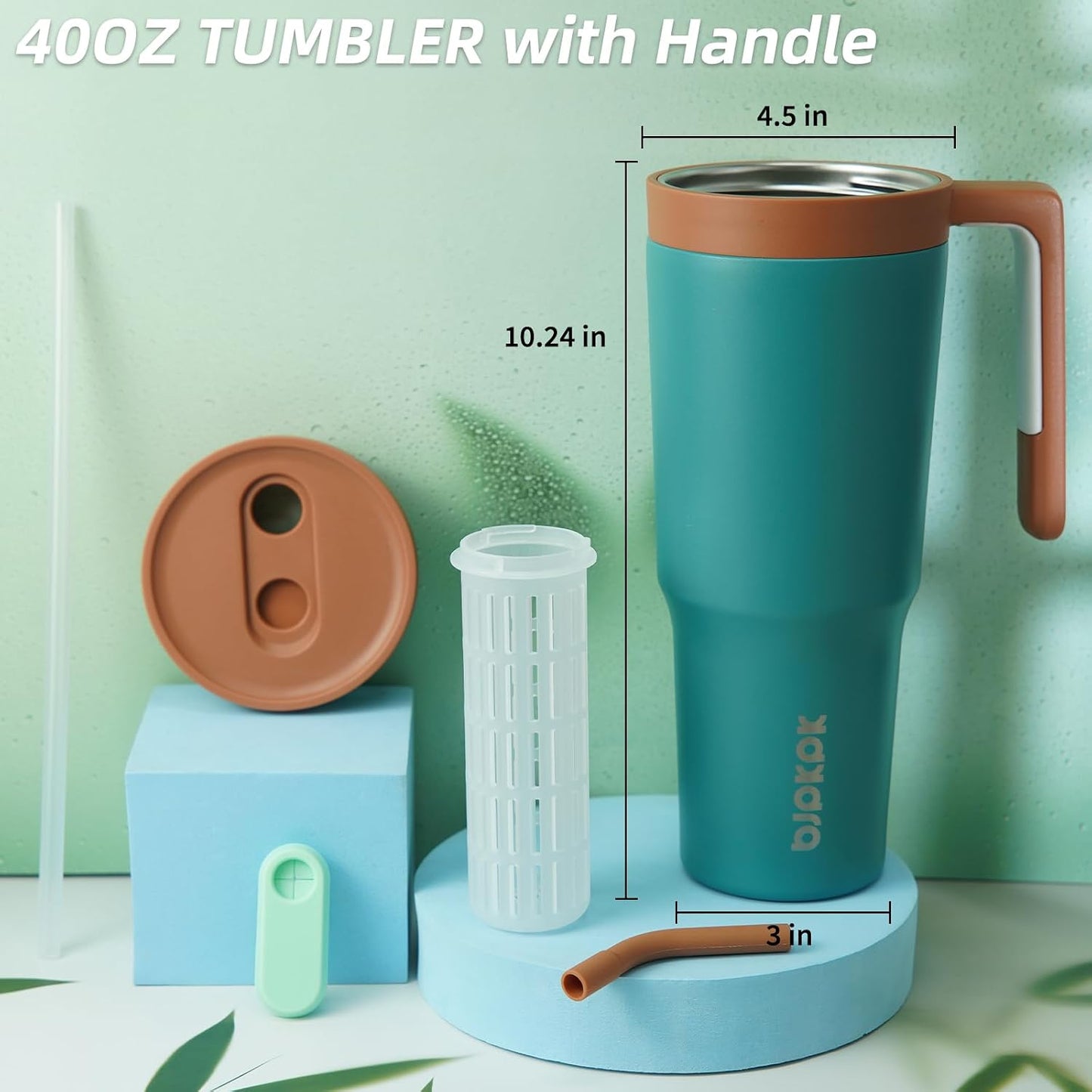 40 oz Tumbler with Handle, Straw & Lid, Insulated Stainless Steel | Travel, Double Wall Vacuum, Keeps Hot/Cold, Spill Proof, Fruit Infuser, BPA Free, Camping, Light Pink