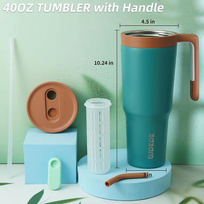 40 oz Tumbler with Handle, Straw & Lid, Insulated Stainless Steel | Travel, Double Wall Vacuum, Keeps Hot/Cold, Spill Proof, Fruit Infuser, BPA Free, Camping, Light Pink