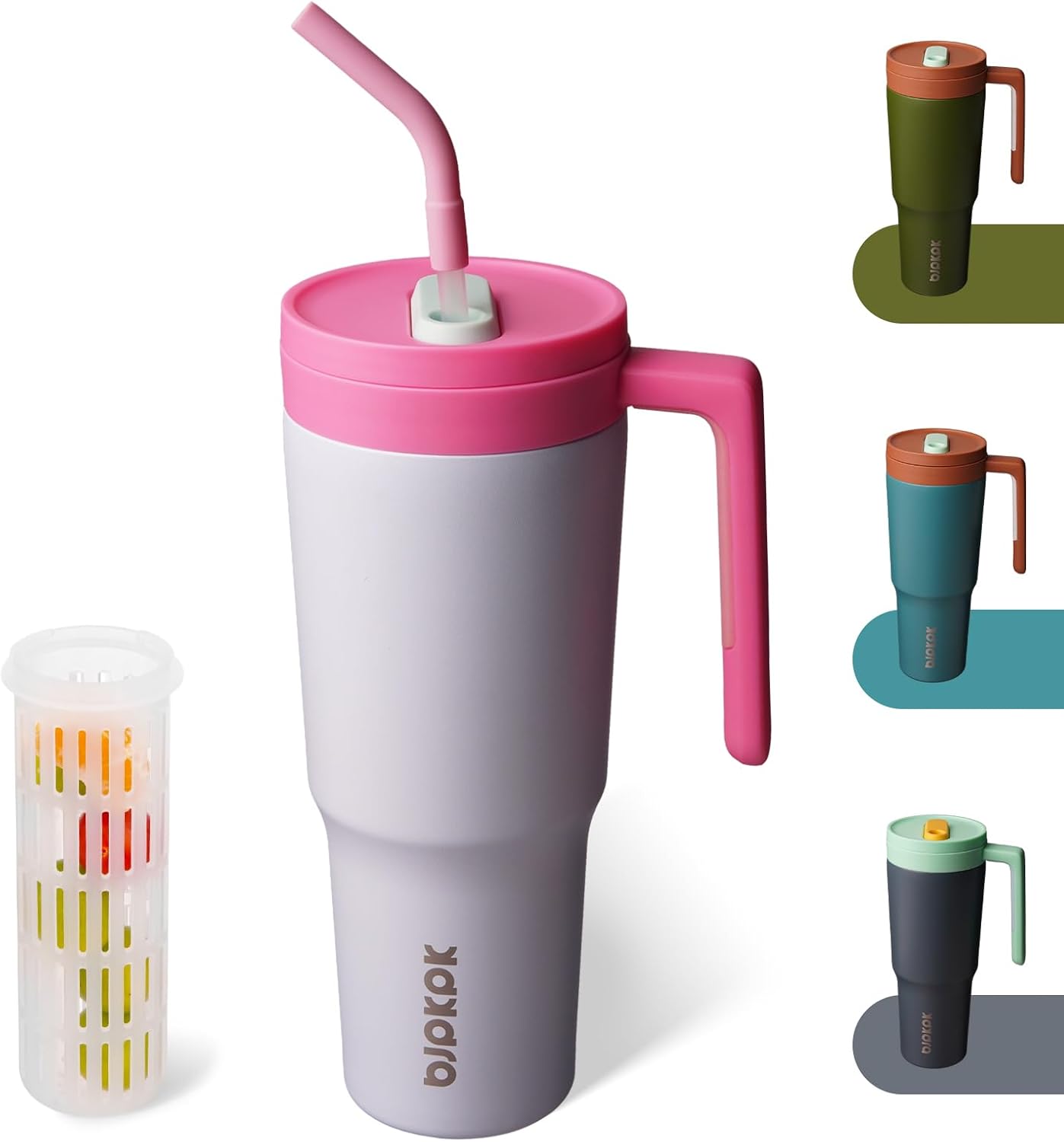 40 oz Tumbler with Handle, Straw & Lid, Insulated Stainless Steel | Travel, Double Wall Vacuum, Keeps Hot/Cold, Spill Proof, Fruit Infuser, BPA Free, Camping, Light Pink
