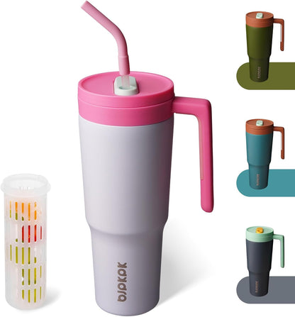 40 oz Tumbler with Handle, Straw & Lid, Insulated Stainless Steel | Travel, Double Wall Vacuum, Keeps Hot/Cold, Spill Proof, Fruit Infuser, BPA Free, Camping, Light Pink