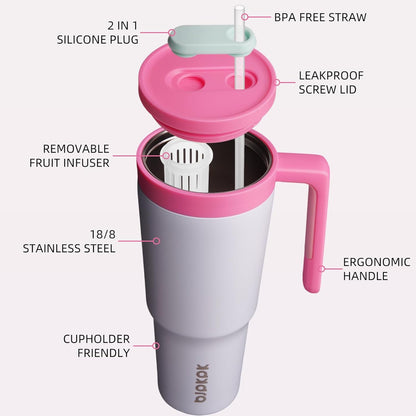40 oz Tumbler with Handle, Straw & Lid, Insulated Stainless Steel | Travel, Double Wall Vacuum, Keeps Hot/Cold, Spill Proof, Fruit Infuser, BPA Free, Camping, Light Pink
