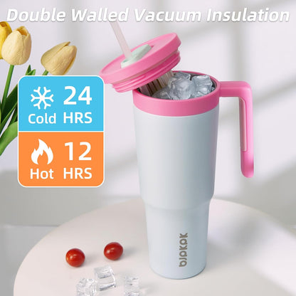 40 oz Tumbler with Handle, Straw & Lid, Insulated Stainless Steel | Travel, Double Wall Vacuum, Keeps Hot/Cold, Spill Proof, Fruit Infuser, BPA Free, Camping, Light Pink