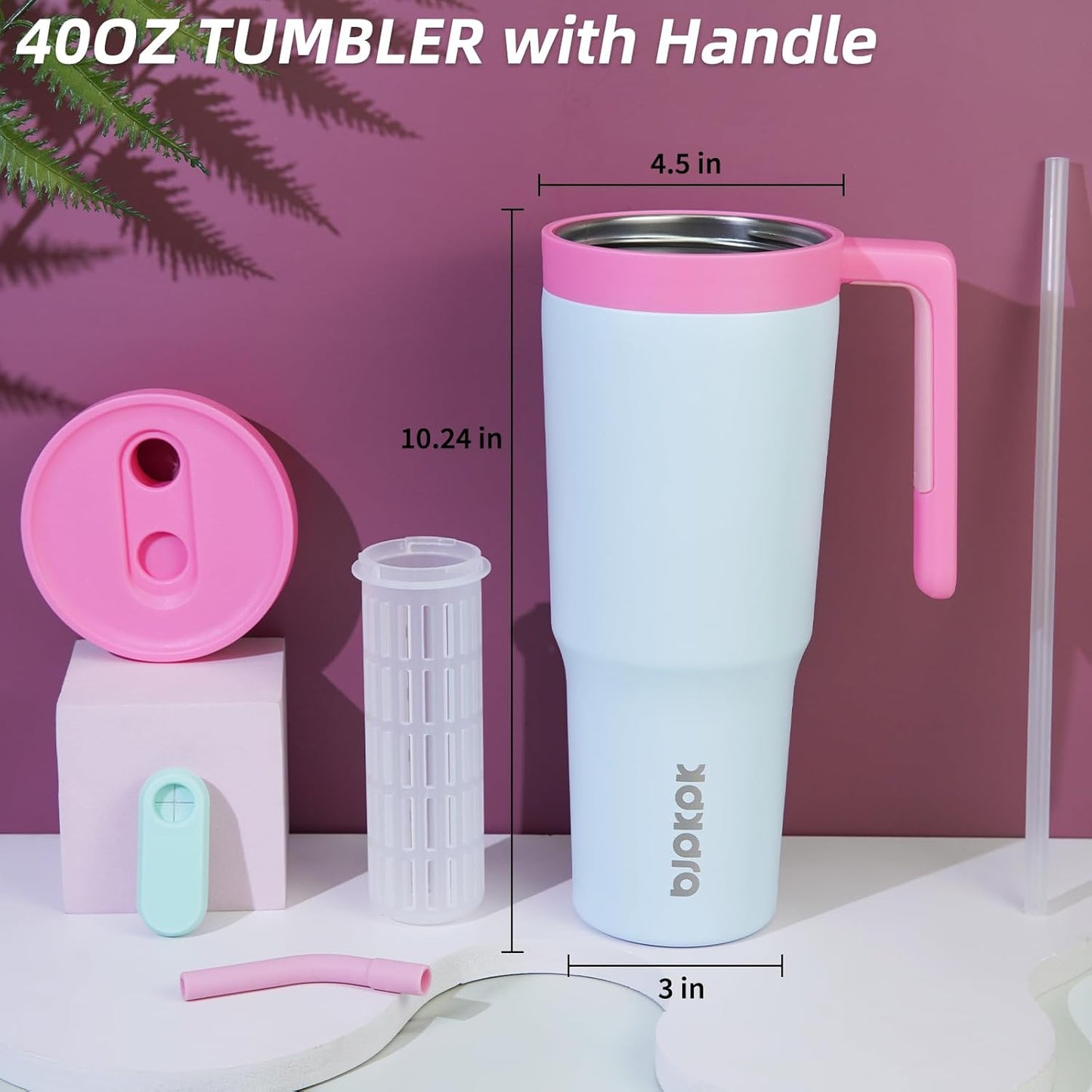 40 oz Tumbler with Handle, Straw & Lid, Insulated Stainless Steel | Travel, Double Wall Vacuum, Keeps Hot/Cold, Spill Proof, Fruit Infuser, BPA Free, Camping, Light Pink