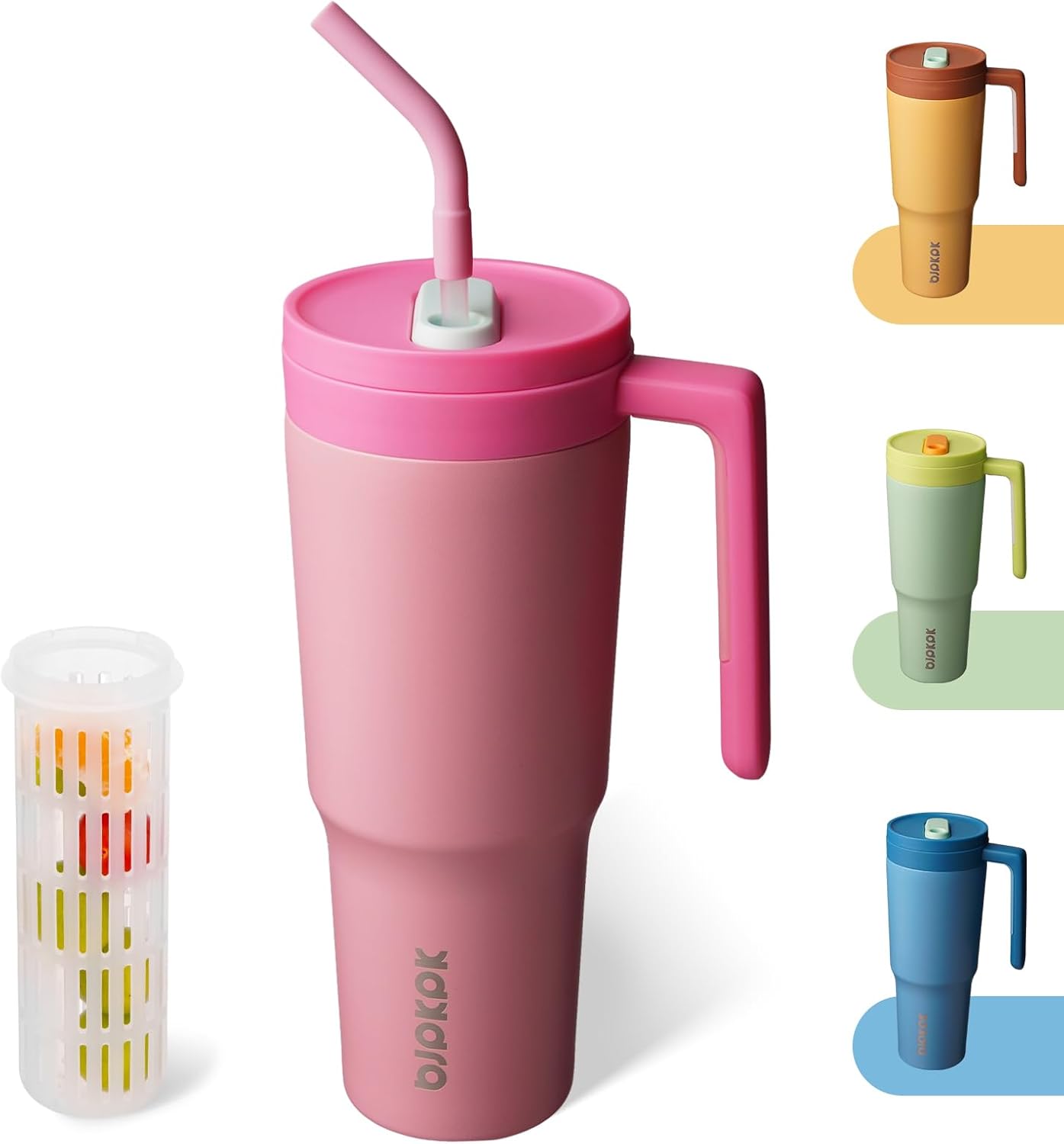 40 oz Tumbler with Handle, Straw & Lid, Insulated Stainless Steel | Travel, Double Wall Vacuum, Keeps Hot/Cold, Spill Proof, Fruit Infuser, BPA Free, Camping, Light Pink