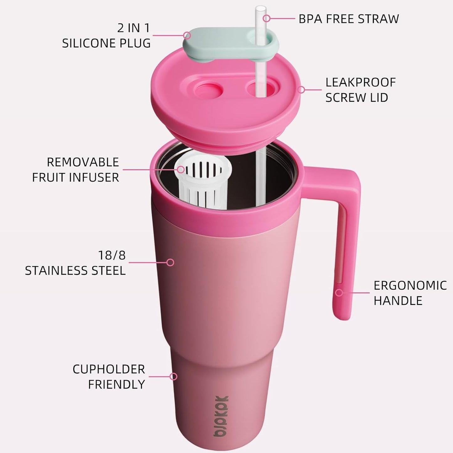 40 oz Tumbler with Handle, Straw & Lid, Insulated Stainless Steel | Travel, Double Wall Vacuum, Keeps Hot/Cold, Spill Proof, Fruit Infuser, BPA Free, Camping, Light Pink