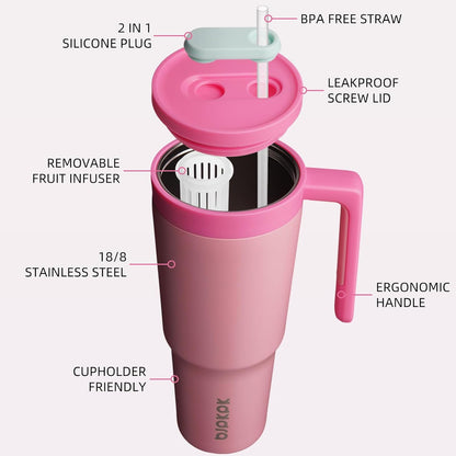 40 oz Tumbler with Handle, Straw & Lid, Insulated Stainless Steel | Travel, Double Wall Vacuum, Keeps Hot/Cold, Spill Proof, Fruit Infuser, BPA Free, Camping, Light Pink