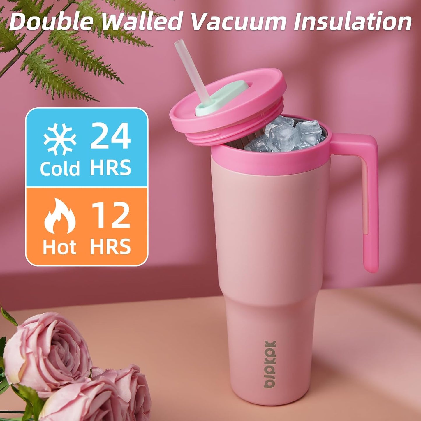 40 oz Tumbler with Handle, Straw & Lid, Insulated Stainless Steel | Travel, Double Wall Vacuum, Keeps Hot/Cold, Spill Proof, Fruit Infuser, BPA Free, Camping, Light Pink