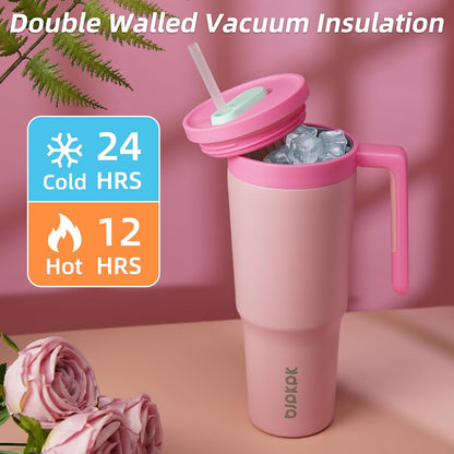 40 oz Tumbler with Handle, Straw & Lid, Insulated Stainless Steel | Travel, Double Wall Vacuum, Keeps Hot/Cold, Spill Proof, Fruit Infuser, BPA Free, Camping, Light Pink