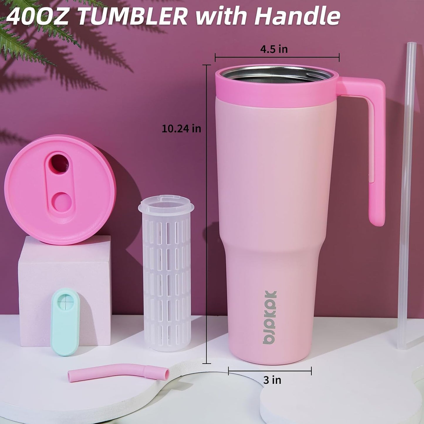40 oz Tumbler with Handle, Straw & Lid, Insulated Stainless Steel | Travel, Double Wall Vacuum, Keeps Hot/Cold, Spill Proof, Fruit Infuser, BPA Free, Camping, Light Pink