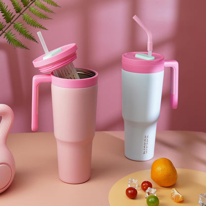 40 oz Tumbler with Handle, Straw & Lid, Insulated Stainless Steel | Travel, Double Wall Vacuum, Keeps Hot/Cold, Spill Proof, Fruit Infuser, BPA Free, Camping, Light Pink