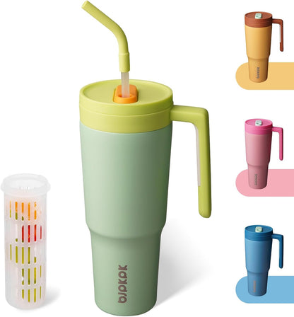40 oz Tumbler with Handle, Straw & Lid, Insulated Stainless Steel | Travel, Double Wall Vacuum, Keeps Hot/Cold, Spill Proof, Fruit Infuser, BPA Free, Camping, Light Pink