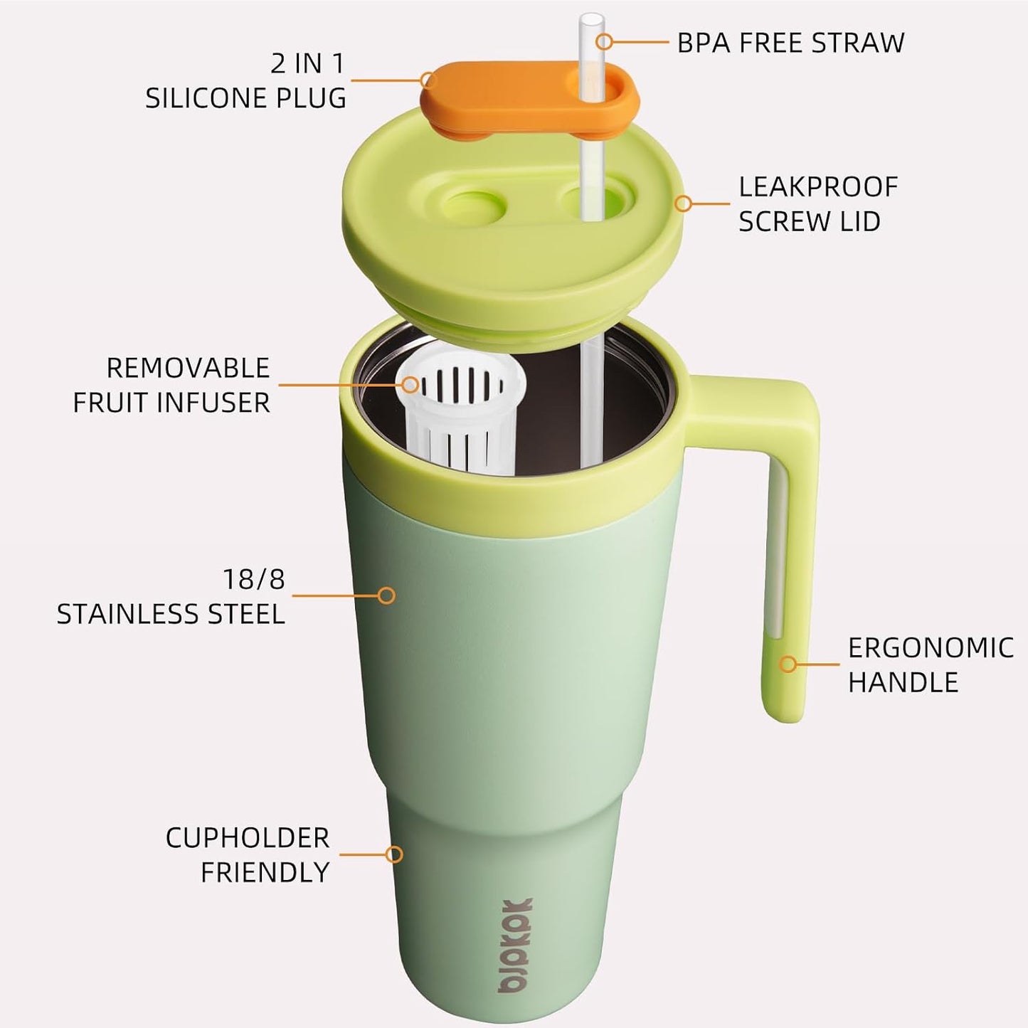 40 oz Tumbler with Handle, Straw & Lid, Insulated Stainless Steel | Travel, Double Wall Vacuum, Keeps Hot/Cold, Spill Proof, Fruit Infuser, BPA Free, Camping, Light Pink