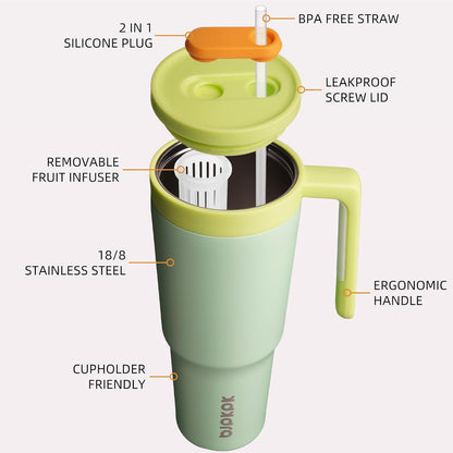 40 oz Tumbler with Handle, Straw & Lid, Insulated Stainless Steel | Travel, Double Wall Vacuum, Keeps Hot/Cold, Spill Proof, Fruit Infuser, BPA Free, Camping, Light Pink