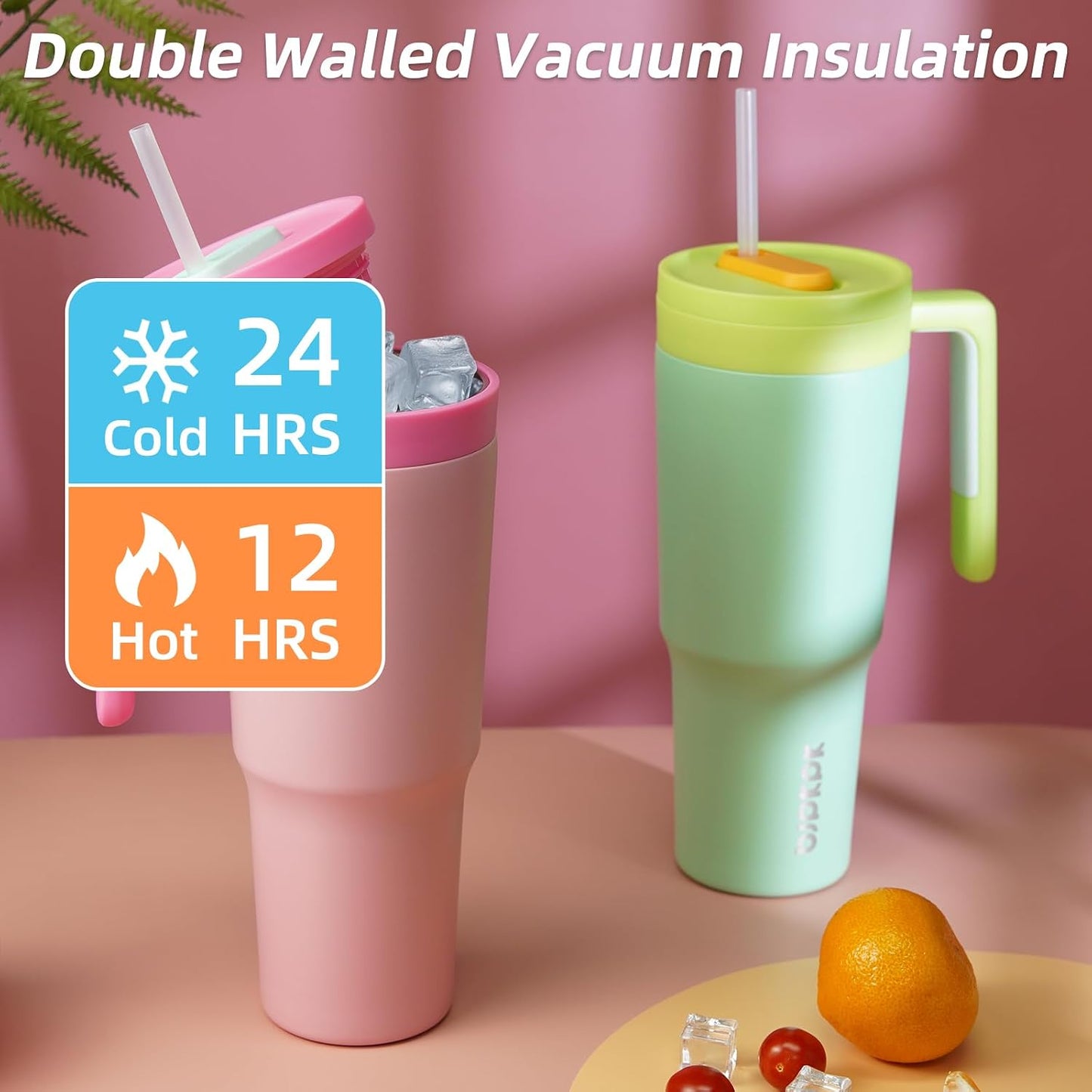 40 oz Tumbler with Handle, Straw & Lid, Insulated Stainless Steel | Travel, Double Wall Vacuum, Keeps Hot/Cold, Spill Proof, Fruit Infuser, BPA Free, Camping, Light Pink