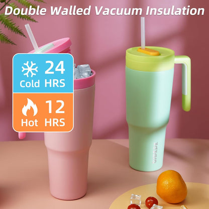 40 oz Tumbler with Handle, Straw & Lid, Insulated Stainless Steel | Travel, Double Wall Vacuum, Keeps Hot/Cold, Spill Proof, Fruit Infuser, BPA Free, Camping, Light Pink
