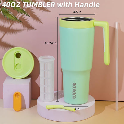 40 oz Tumbler with Handle, Straw & Lid, Insulated Stainless Steel | Travel, Double Wall Vacuum, Keeps Hot/Cold, Spill Proof, Fruit Infuser, BPA Free, Camping, Light Pink