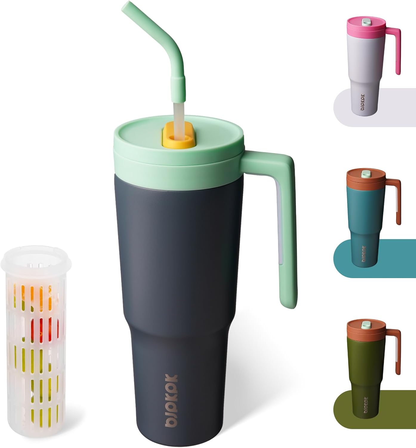 40 oz Tumbler with Handle, Straw & Lid, Insulated Stainless Steel | Travel, Double Wall Vacuum, Keeps Hot/Cold, Spill Proof, Fruit Infuser, BPA Free, Camping, Light Pink