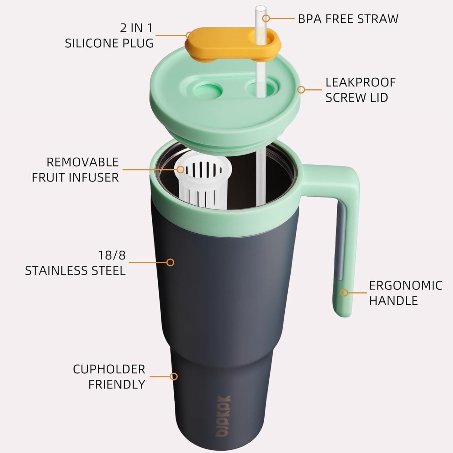 40 oz Tumbler with Handle, Straw & Lid, Insulated Stainless Steel | Travel, Double Wall Vacuum, Keeps Hot/Cold, Spill Proof, Fruit Infuser, BPA Free, Camping, Light Pink