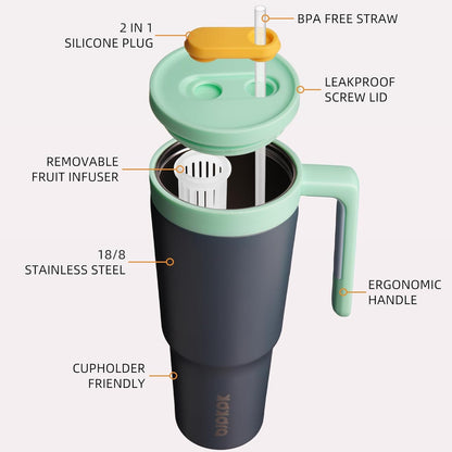 40 oz Tumbler with Handle, Straw & Lid, Insulated Stainless Steel | Travel, Double Wall Vacuum, Keeps Hot/Cold, Spill Proof, Fruit Infuser, BPA Free, Camping, Light Pink