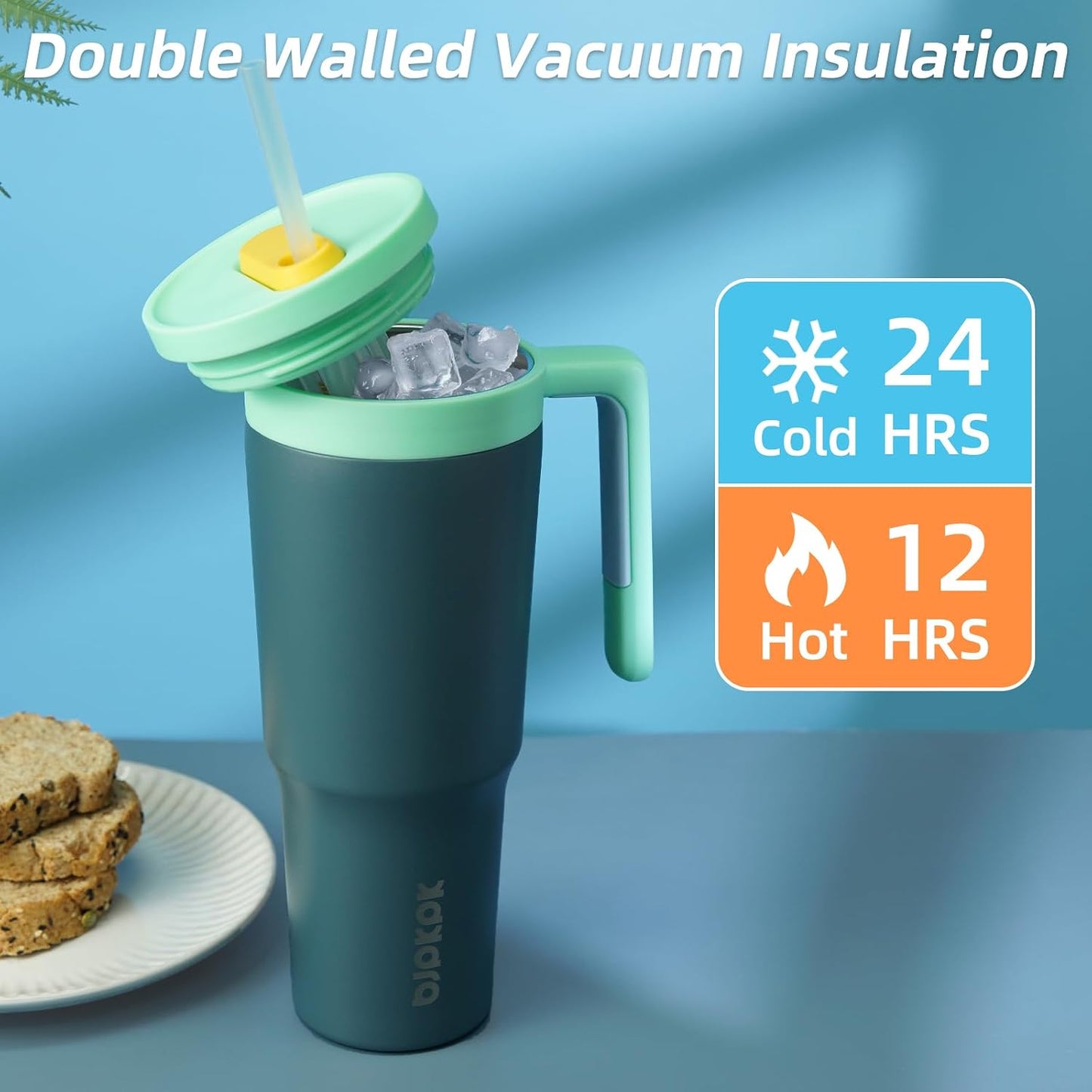 40 oz Tumbler with Handle, Straw & Lid, Insulated Stainless Steel | Travel, Double Wall Vacuum, Keeps Hot/Cold, Spill Proof, Fruit Infuser, BPA Free, Camping, Light Pink