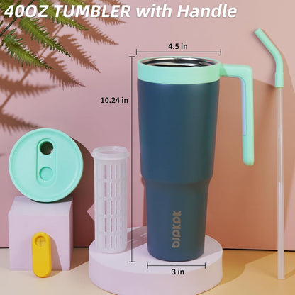 40 oz Tumbler with Handle, Straw & Lid, Insulated Stainless Steel | Travel, Double Wall Vacuum, Keeps Hot/Cold, Spill Proof, Fruit Infuser, BPA Free, Camping, Light Pink