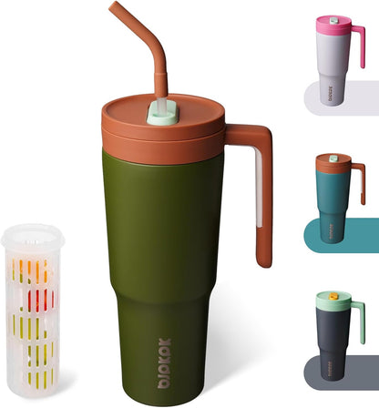 40 oz Tumbler with Handle, Straw & Lid, Insulated Stainless Steel | Travel, Double Wall Vacuum, Keeps Hot/Cold, Spill Proof, Fruit Infuser, BPA Free, Camping, Light Pink