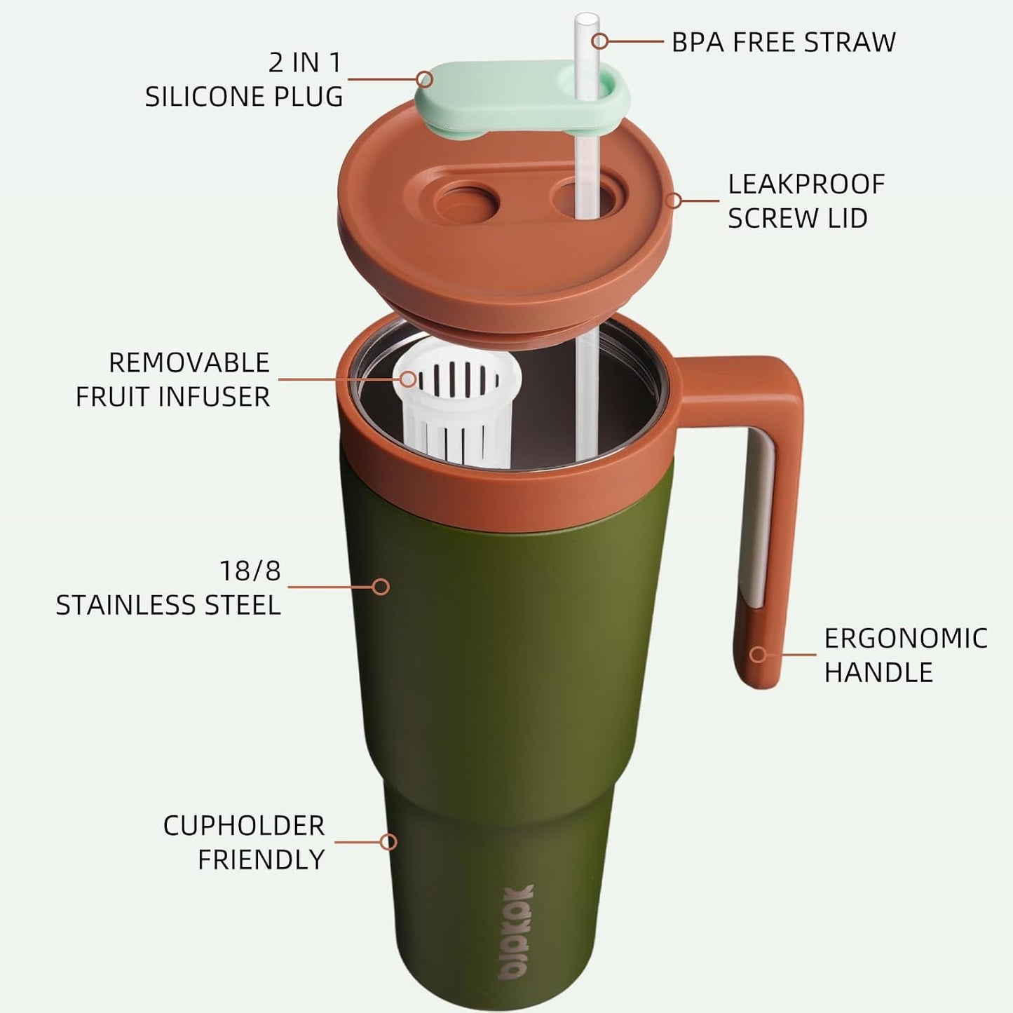 40 oz Tumbler with Handle, Straw & Lid, Insulated Stainless Steel | Travel, Double Wall Vacuum, Keeps Hot/Cold, Spill Proof, Fruit Infuser, BPA Free, Camping, Light Pink