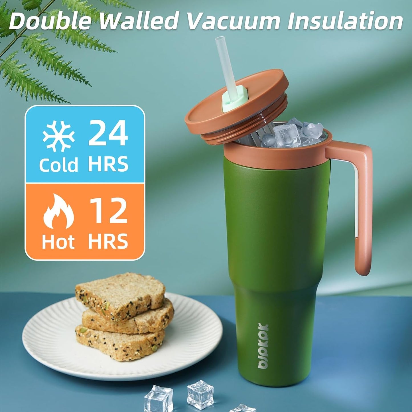 40 oz Tumbler with Handle, Straw & Lid, Insulated Stainless Steel | Travel, Double Wall Vacuum, Keeps Hot/Cold, Spill Proof, Fruit Infuser, BPA Free, Camping, Light Pink