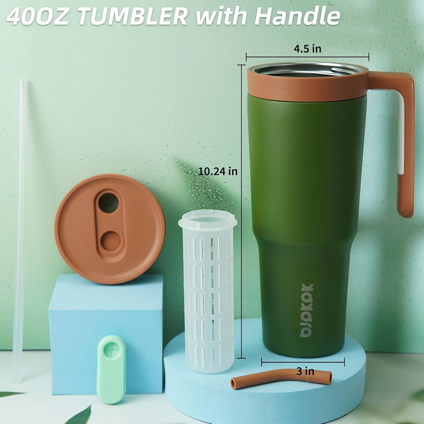 40 oz Tumbler with Handle, Straw & Lid, Insulated Stainless Steel | Travel, Double Wall Vacuum, Keeps Hot/Cold, Spill Proof, Fruit Infuser, BPA Free, Camping, Light Pink
