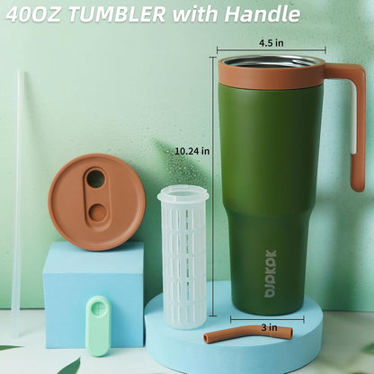 40 oz Tumbler with Handle, Straw & Lid, Insulated Stainless Steel | Travel, Double Wall Vacuum, Keeps Hot/Cold, Spill Proof, Fruit Infuser, BPA Free, Camping, Light Pink