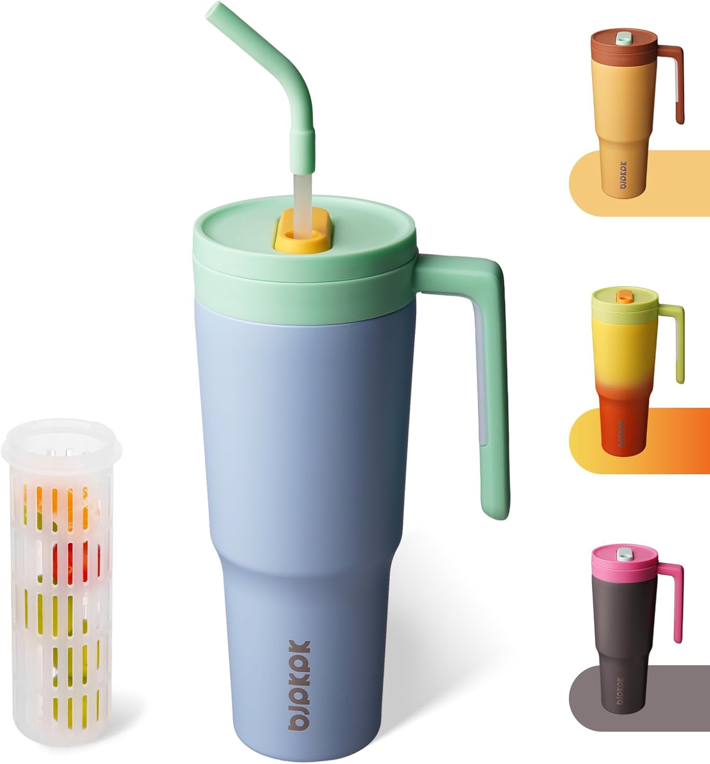 40 oz Tumbler with Handle, Straw & Lid, Insulated Stainless Steel | Travel, Double Wall Vacuum, Keeps Hot/Cold, Spill Proof, Fruit Infuser, BPA Free, Camping, Light Pink