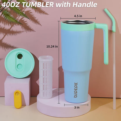 40 oz Tumbler with Handle, Straw & Lid, Insulated Stainless Steel | Travel, Double Wall Vacuum, Keeps Hot/Cold, Spill Proof, Fruit Infuser, BPA Free, Camping, Light Pink