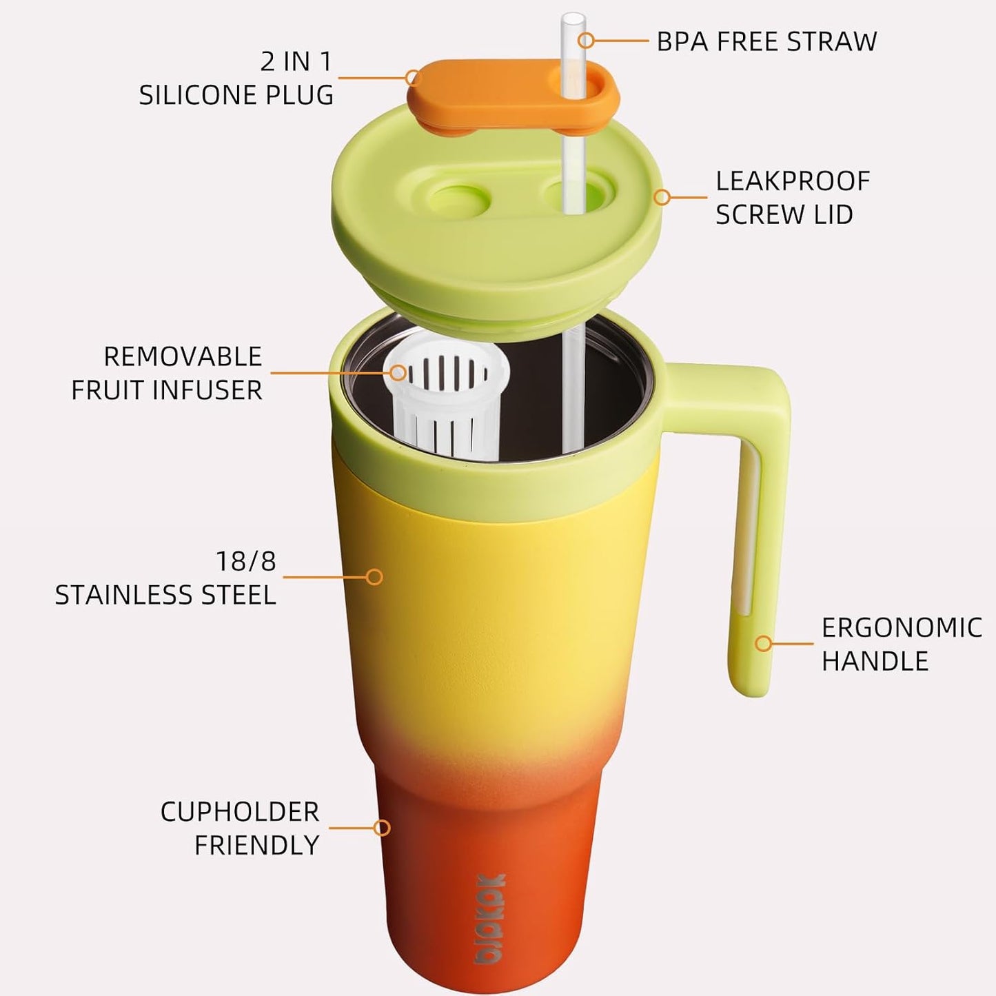 40 oz Tumbler with Handle, Straw & Lid, Insulated Stainless Steel | Travel, Double Wall Vacuum, Keeps Hot/Cold, Spill Proof, Fruit Infuser, BPA Free, Camping, Light Pink