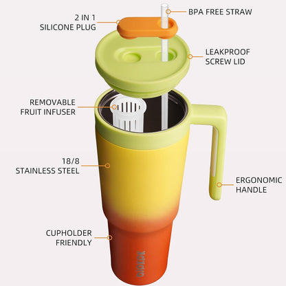 40 oz Tumbler with Handle, Straw & Lid, Insulated Stainless Steel | Travel, Double Wall Vacuum, Keeps Hot/Cold, Spill Proof, Fruit Infuser, BPA Free, Camping, Light Pink