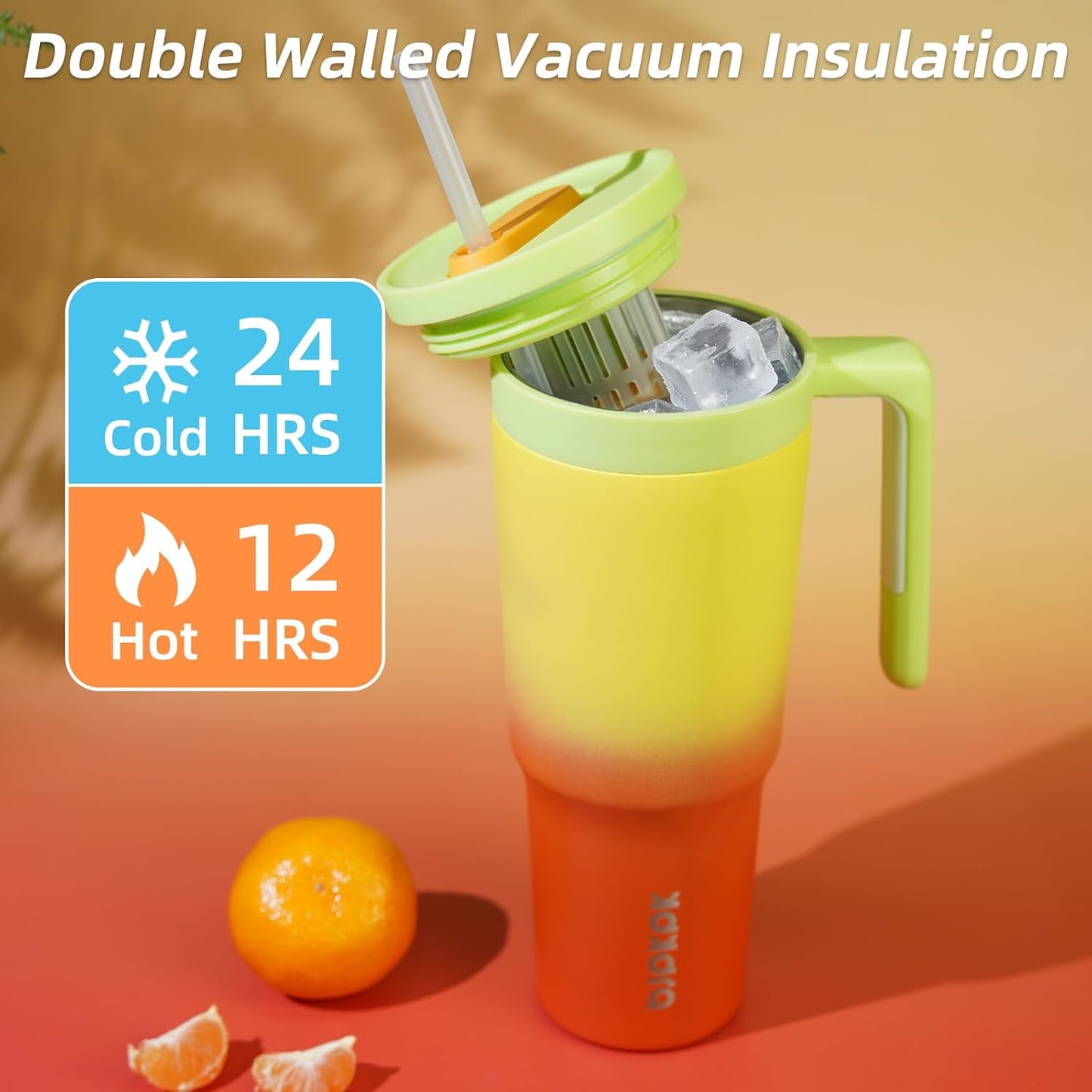 40 oz Tumbler with Handle, Straw & Lid, Insulated Stainless Steel | Travel, Double Wall Vacuum, Keeps Hot/Cold, Spill Proof, Fruit Infuser, BPA Free, Camping, Light Pink