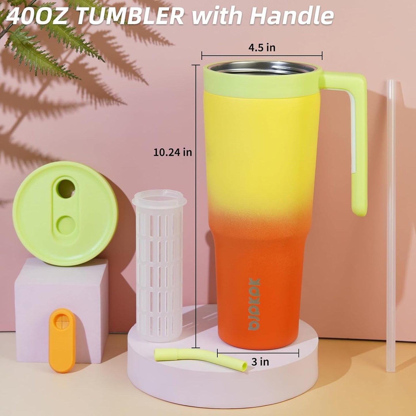 40 oz Tumbler with Handle, Straw & Lid, Insulated Stainless Steel | Travel, Double Wall Vacuum, Keeps Hot/Cold, Spill Proof, Fruit Infuser, BPA Free, Camping, Light Pink