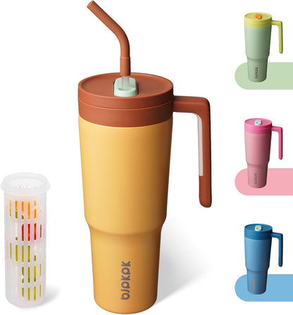 40 oz Tumbler with Handle, Straw & Lid, Insulated Stainless Steel | Travel, Double Wall Vacuum, Keeps Hot/Cold, Spill Proof, Fruit Infuser, BPA Free, Camping, Light Pink