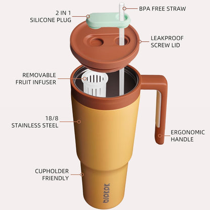 40 oz Tumbler with Handle, Straw & Lid, Insulated Stainless Steel | Travel, Double Wall Vacuum, Keeps Hot/Cold, Spill Proof, Fruit Infuser, BPA Free, Camping, Light Pink