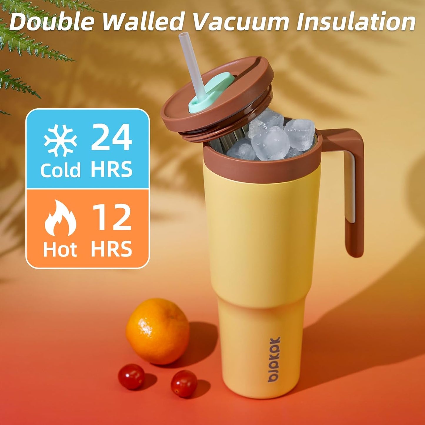 40 oz Tumbler with Handle, Straw & Lid, Insulated Stainless Steel | Travel, Double Wall Vacuum, Keeps Hot/Cold, Spill Proof, Fruit Infuser, BPA Free, Camping, Light Pink
