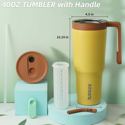 40 oz Tumbler with Handle, Straw & Lid, Insulated Stainless Steel | Travel, Double Wall Vacuum, Keeps Hot/Cold, Spill Proof, Fruit Infuser, BPA Free, Camping, Light Pink