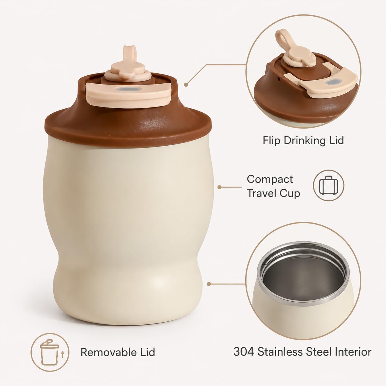 304 Stainless Steel Insulated Coffee Tumbler with Flip Lid and Carry Strap, Cream Brown Travel Cup for Car & Office (Brown)