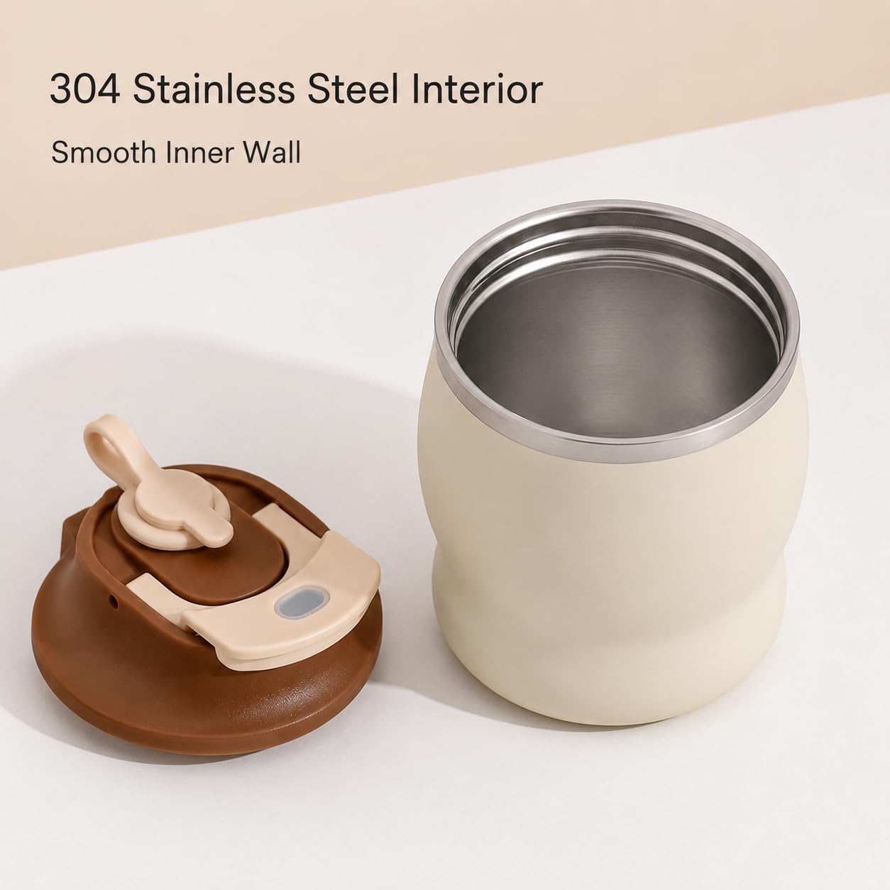 304 Stainless Steel Insulated Coffee Tumbler with Flip Lid and Carry Strap, Cream Brown Travel Cup for Car & Office (Brown)