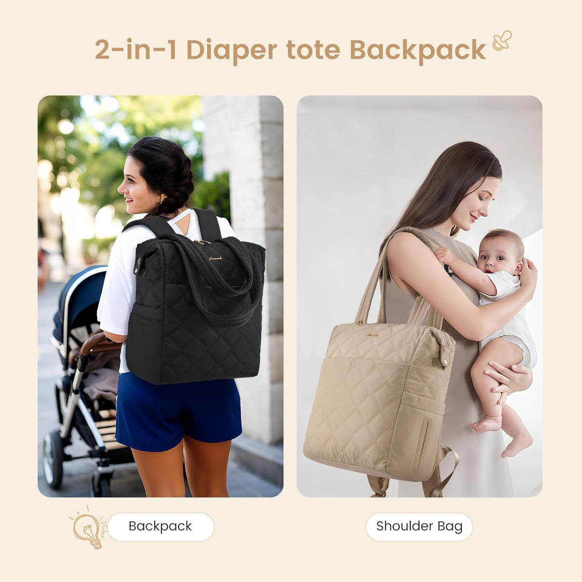 Diaper Bag Backpack,Diaper Bag Tote for Mom Dad with Changing Pad,Insulated Pockets, Convertible Mom Backpack with Pacifier Case（Black & Brown）