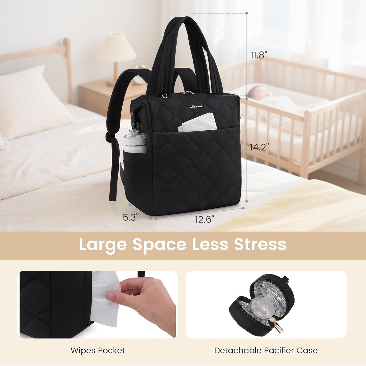 Diaper Bag Backpack,Diaper Bag Tote for Mom Dad with Changing Pad,Insulated Pockets, Convertible Mom Backpack with Pacifier Case（Black & Brown）