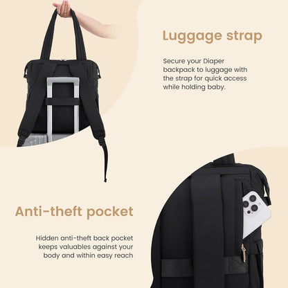 Diaper Bag Backpack,Diaper Bag Tote for Mom Dad with Changing Pad,Insulated Pockets, Convertible Mom Backpack with Pacifier Case（Black & Brown）